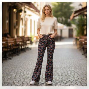 NWT Zara Printed Flowing Trousers Geometric Blue Flared Leg Pull On Pants